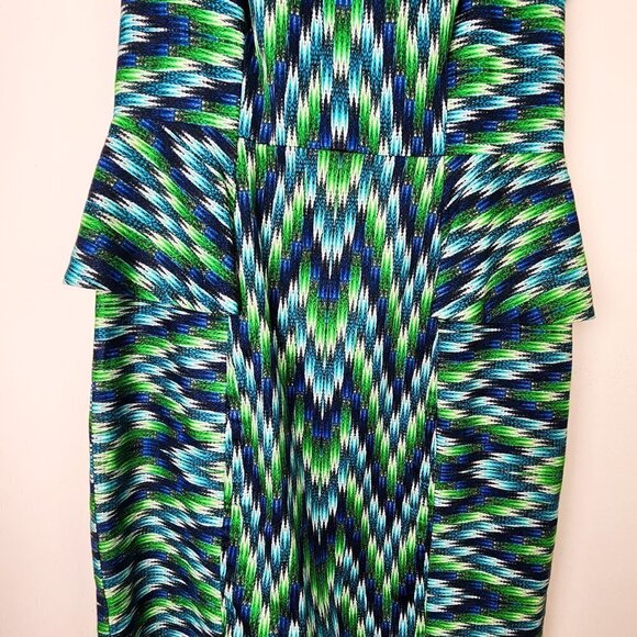 Milly Green Blue Novelty Peplum Sheath Dress Size 4 Mod 60s Retro Designer - Picture 4 of 7